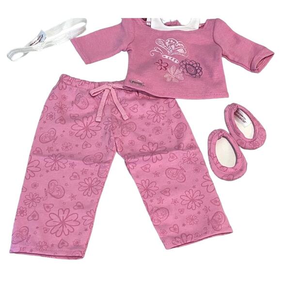 American Girl Doll PINK PAJAMAS + SLIPPERS & HEADBAND Long Sleeve Over Tank NEW - Picture 2 of 12